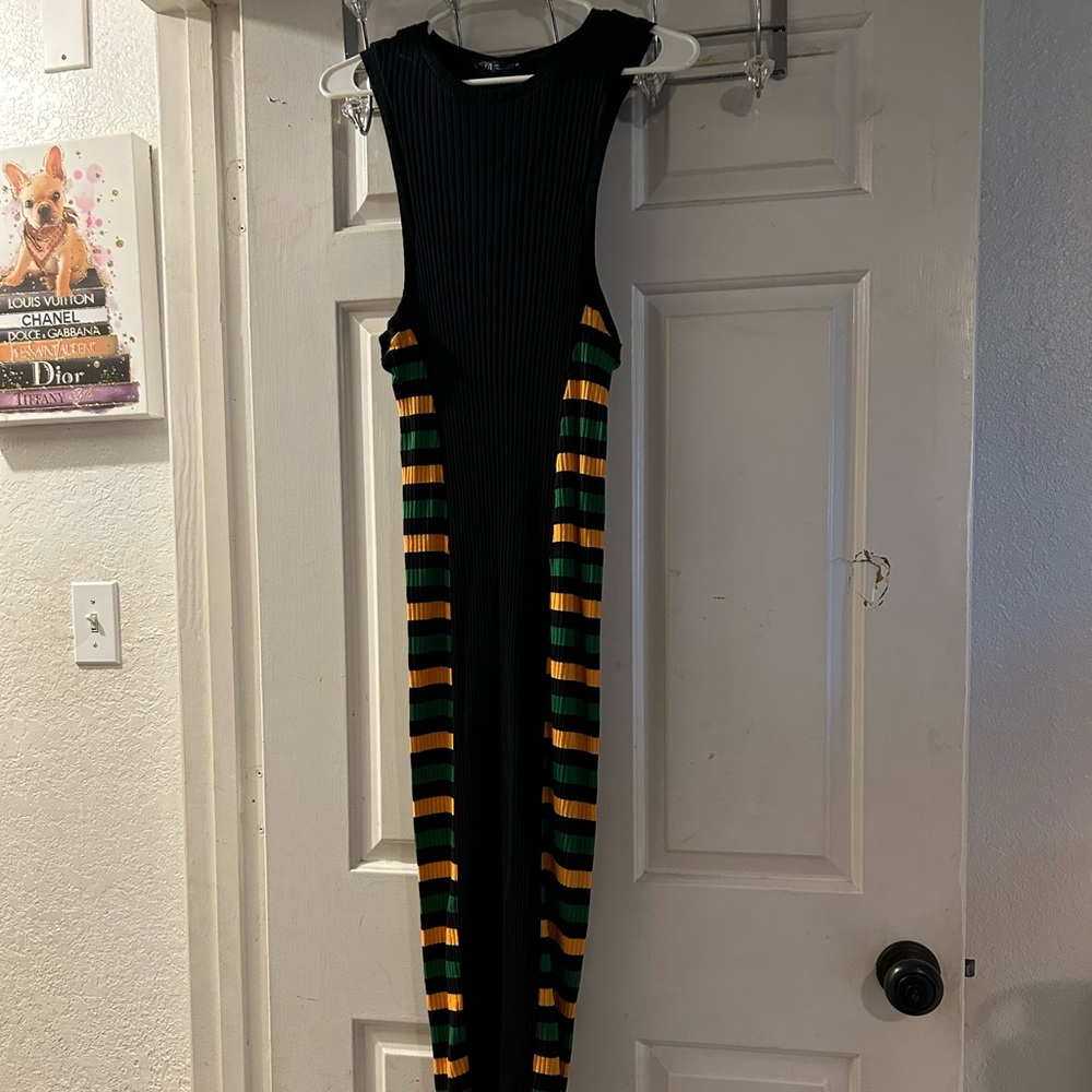 Zara Black Ribbed Dress with Green and Yellow Stripe Panels